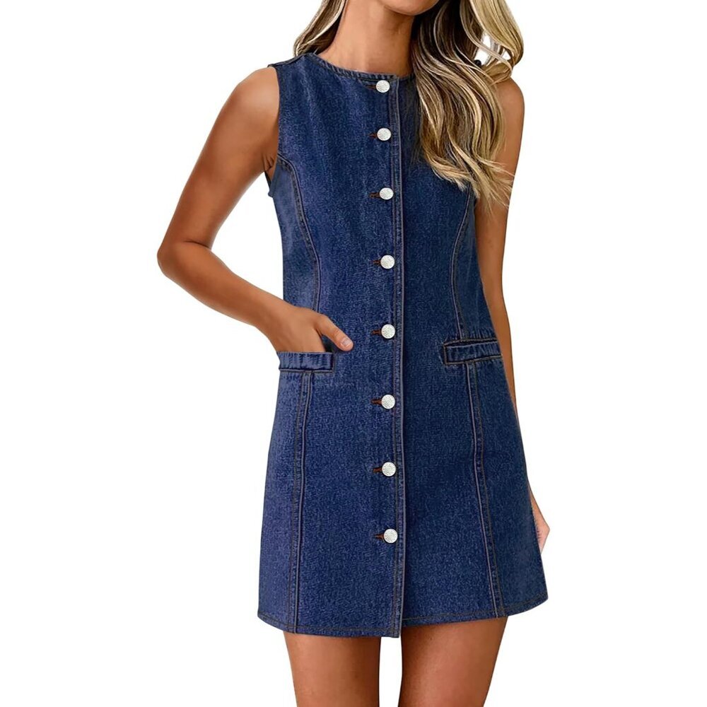 Women's Sleeveless Denim Dress Medium Casual Summer Mini with Pockets - Picture 3 of 4